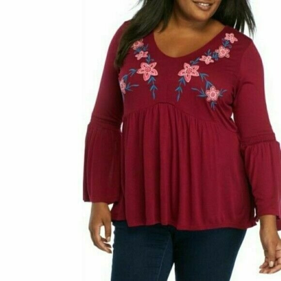 𝅺new Directions Pullover V-Neck Long Bell Sleeves Blouse Top Plus Size 1X NWT - Picture 1 of 8